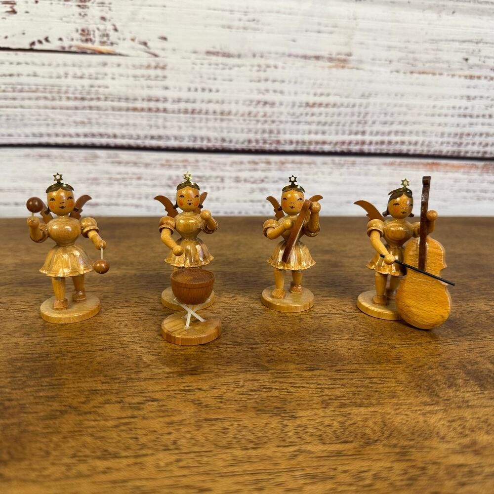 Lot 4 VTG German Blank Erzgebirge Hand Carved Wood Angel Band Ornaments Musician